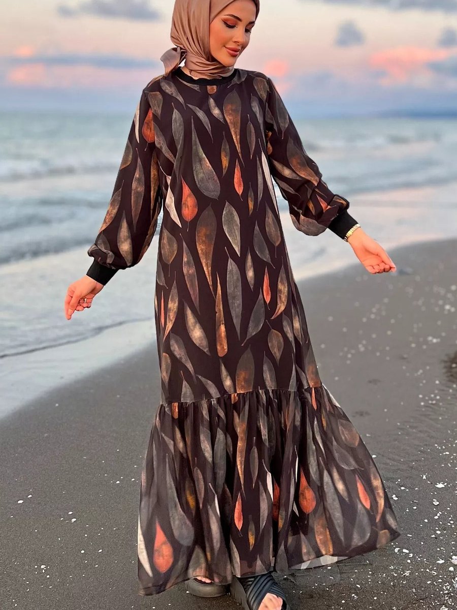 Julude Siyah Desenli Kol Ribanalı Şifon Elbise