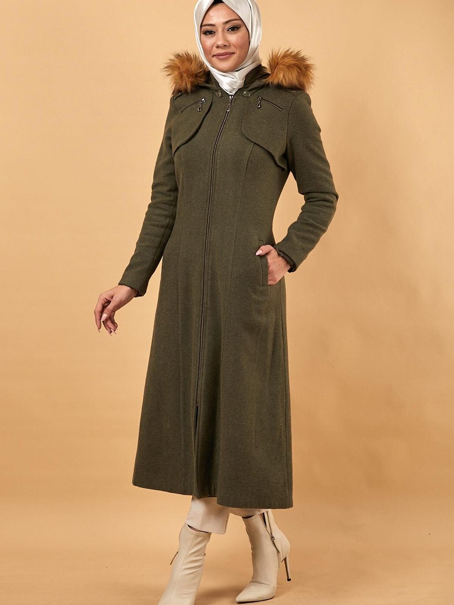 Modamihram Haki Fermuarlı Kapüşonlu Kaşe Kaban