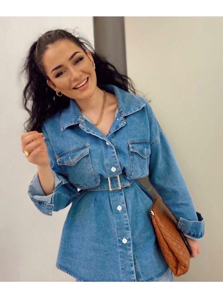 Lurex Moda Mavi Kemerli Kot Ceket