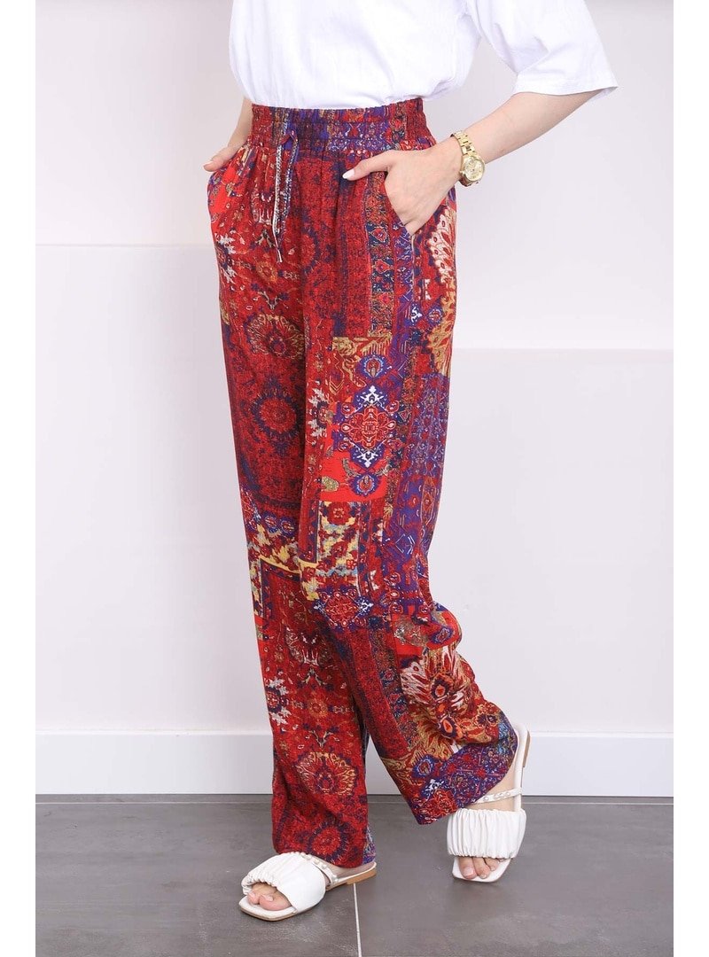 İmaj Butik Kırmızı Desenli Cepli Viscon Pantolon