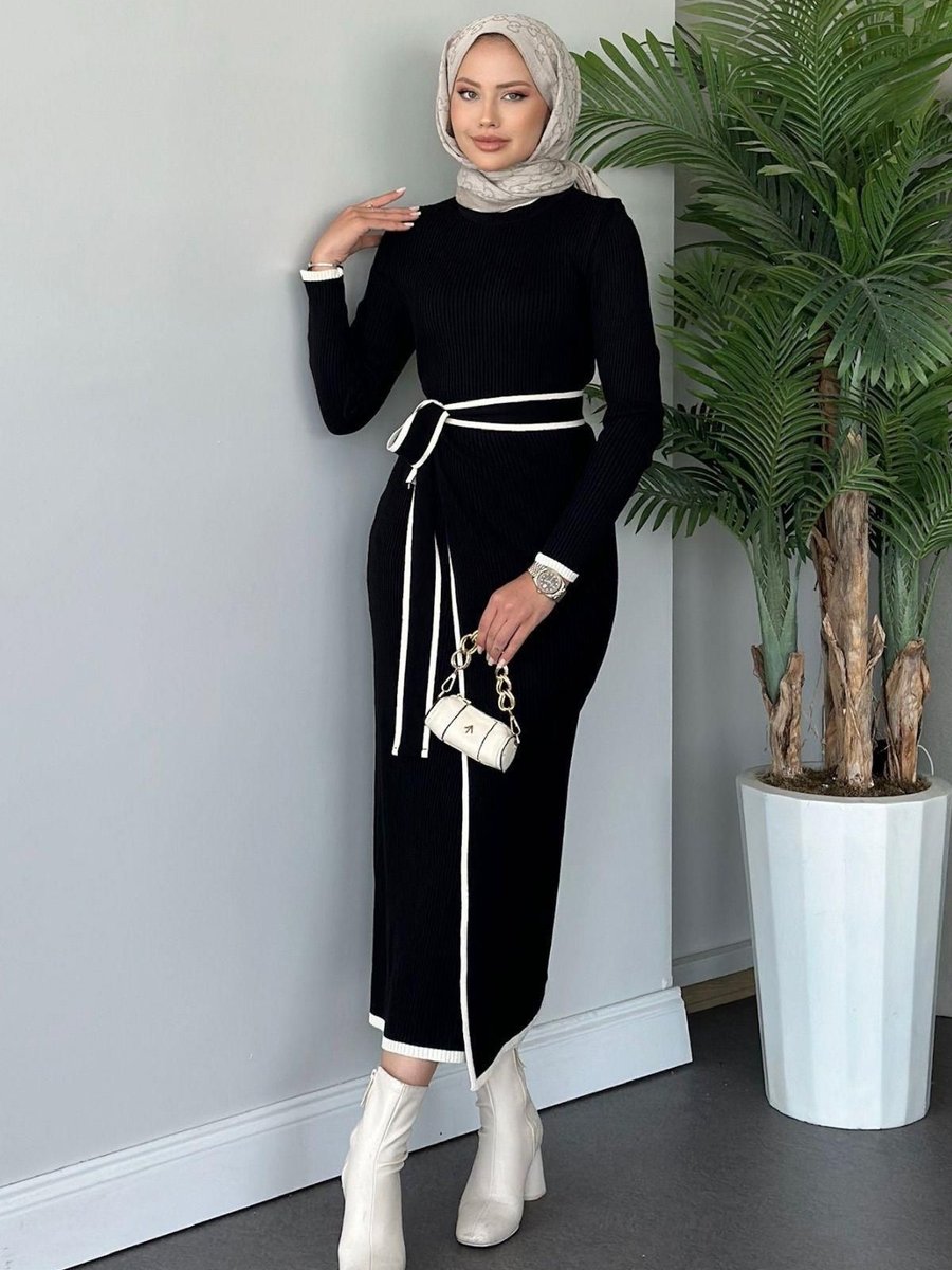 Haza Moda Valent Bağlamalı Triko Elbise Siyah