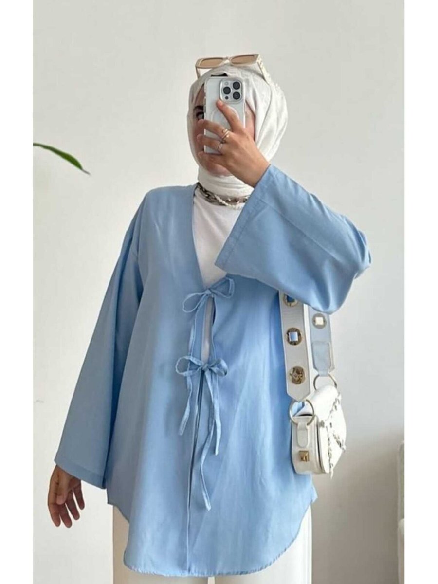 Nergis Neva Butik Mavi Önü Baglamalı Kimono Tunik