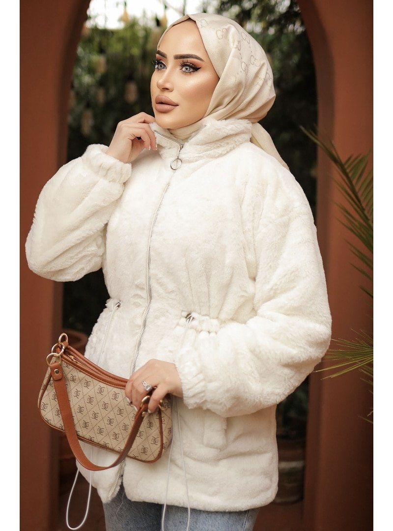 InStyle Beyaz Tünel Bağcıklı İçi Astarlı Peluş Mont