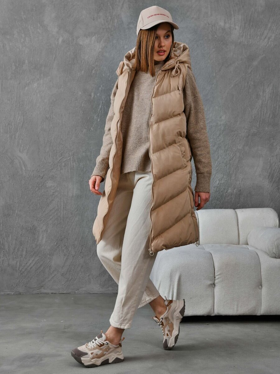 VOLT CLOTHİNG Bej Yanı Zincirli Kapüşonlu Dolumlu Yelek