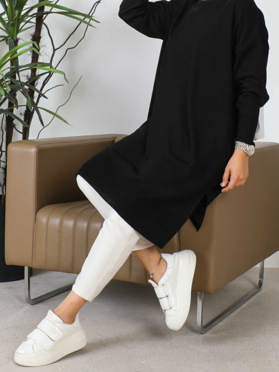 Vesshopping Siyah Bisiklet Yaka Ince Merserize Salaş Triko Tunik