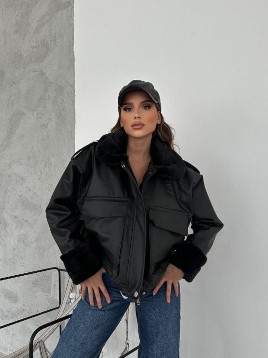 VOLT CLOTHİNG Siyah Yaka Ve İçi Kürklü Çift Cepli Deri Mont