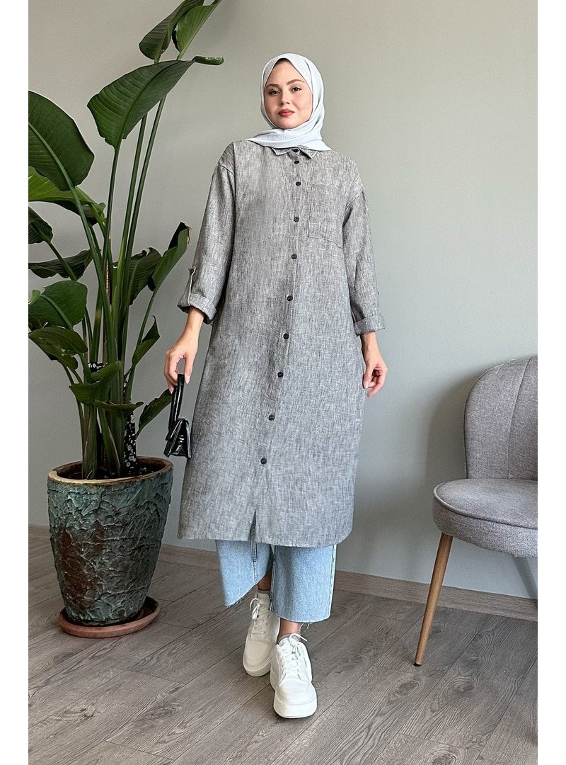 InStyle Keten Cepli Uzun Gri Salaş Gömlek