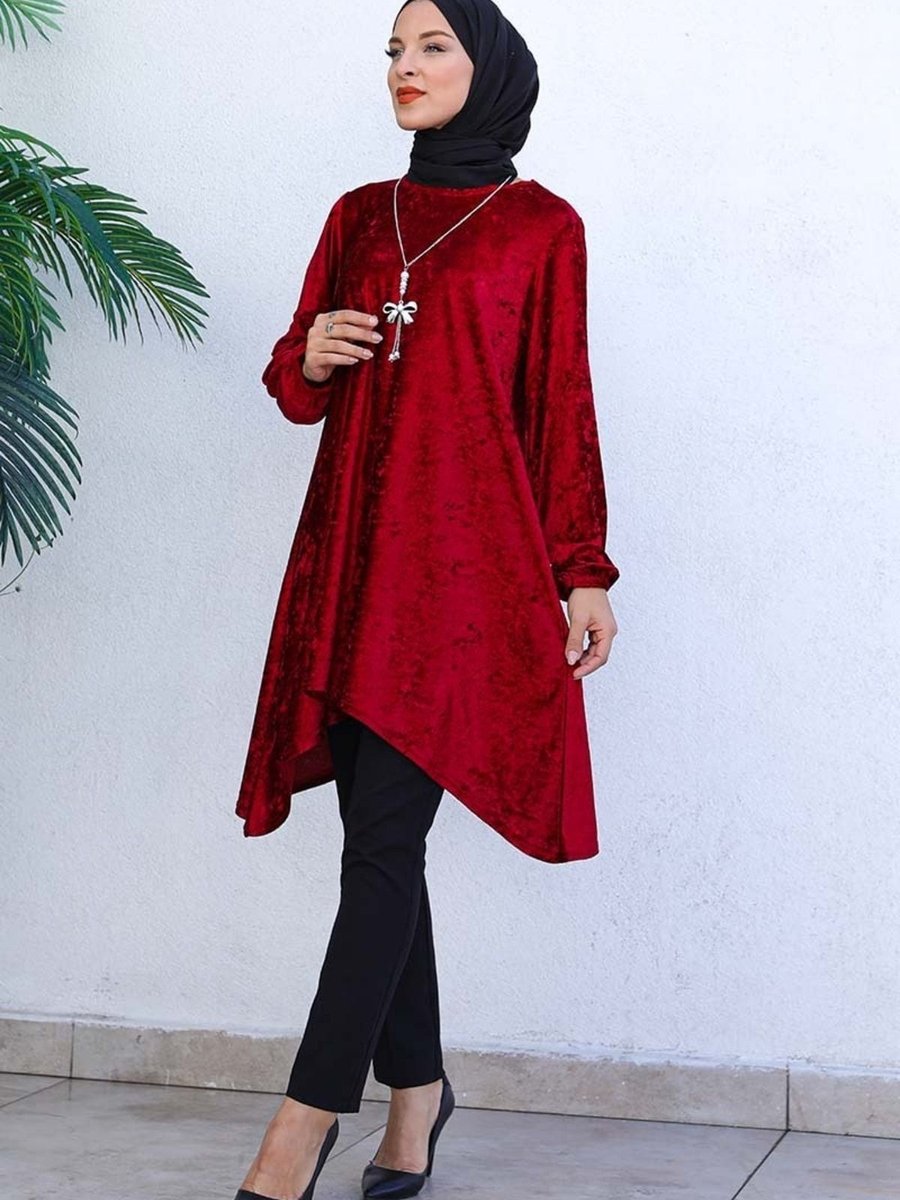 Genel Markalar Asimetrik Model Kadife Tunik Bordo