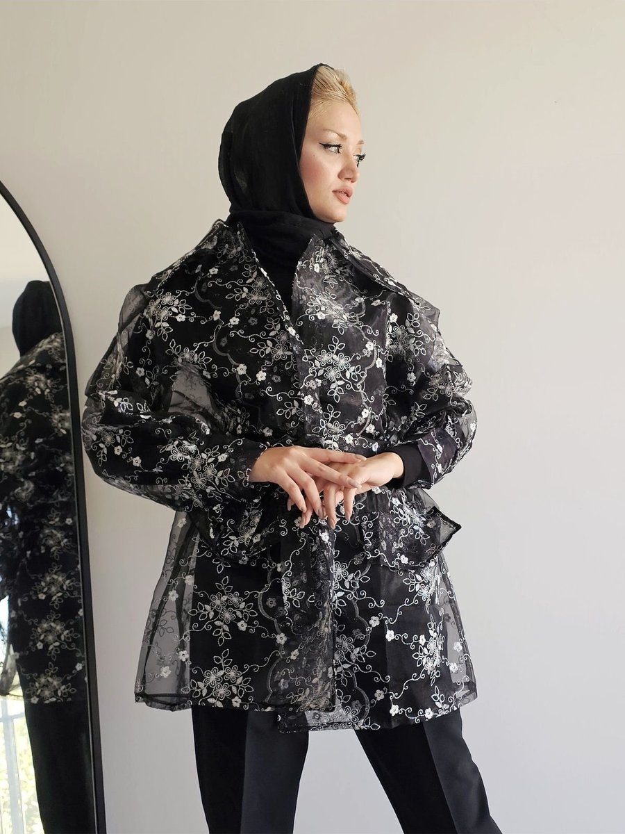 Wısh&moon Giyim Özel Tasarım Siyah Çiçek Desenli Tül Ceket