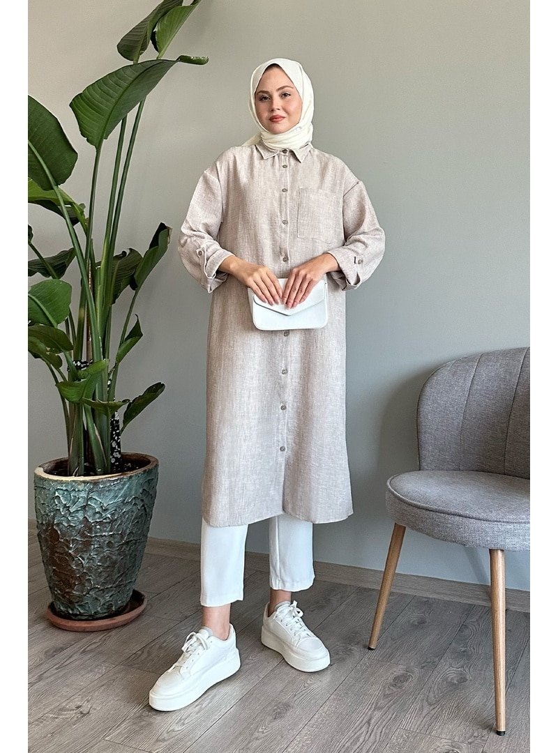 InStyle Keten Cepli Uzun Taş Salaş Gömlek
