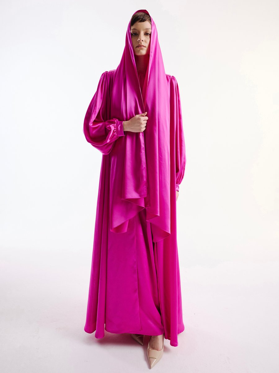 Nuum Design Saten Abaya Elbise Takım Gri Fuşya & Şal