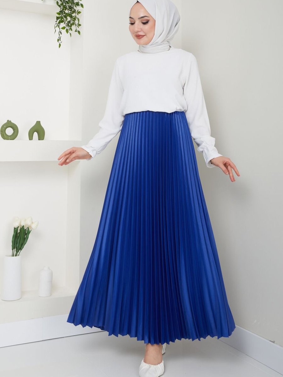 VOLT CLOTHİNG Mavi Piliseli Beli Lastikli Basic Uzun Etek