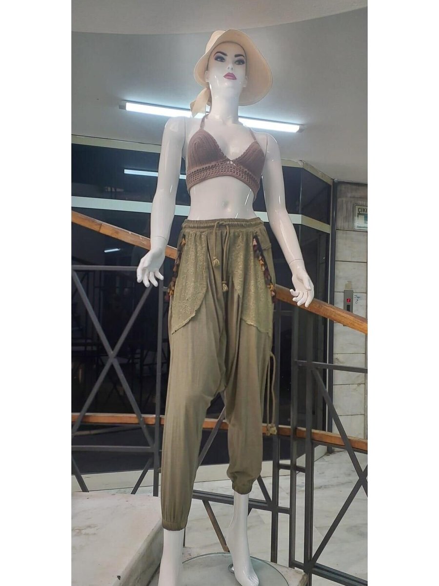 Bohem Stil Haki Beli Bağlamalı Saçak Detaylı Bohem Şalvar