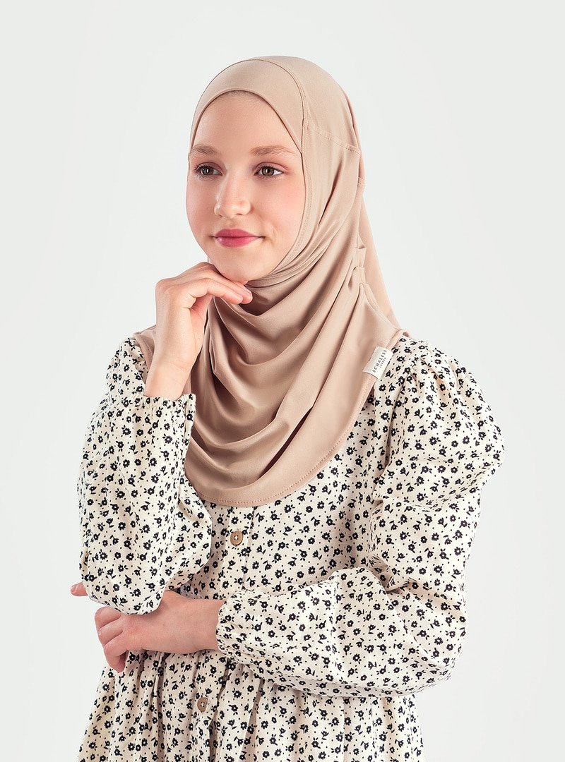 ŞALESS Yaş) Pratik Pileli Kız Çocuk Hazır Eşarp Hijab Bej (6