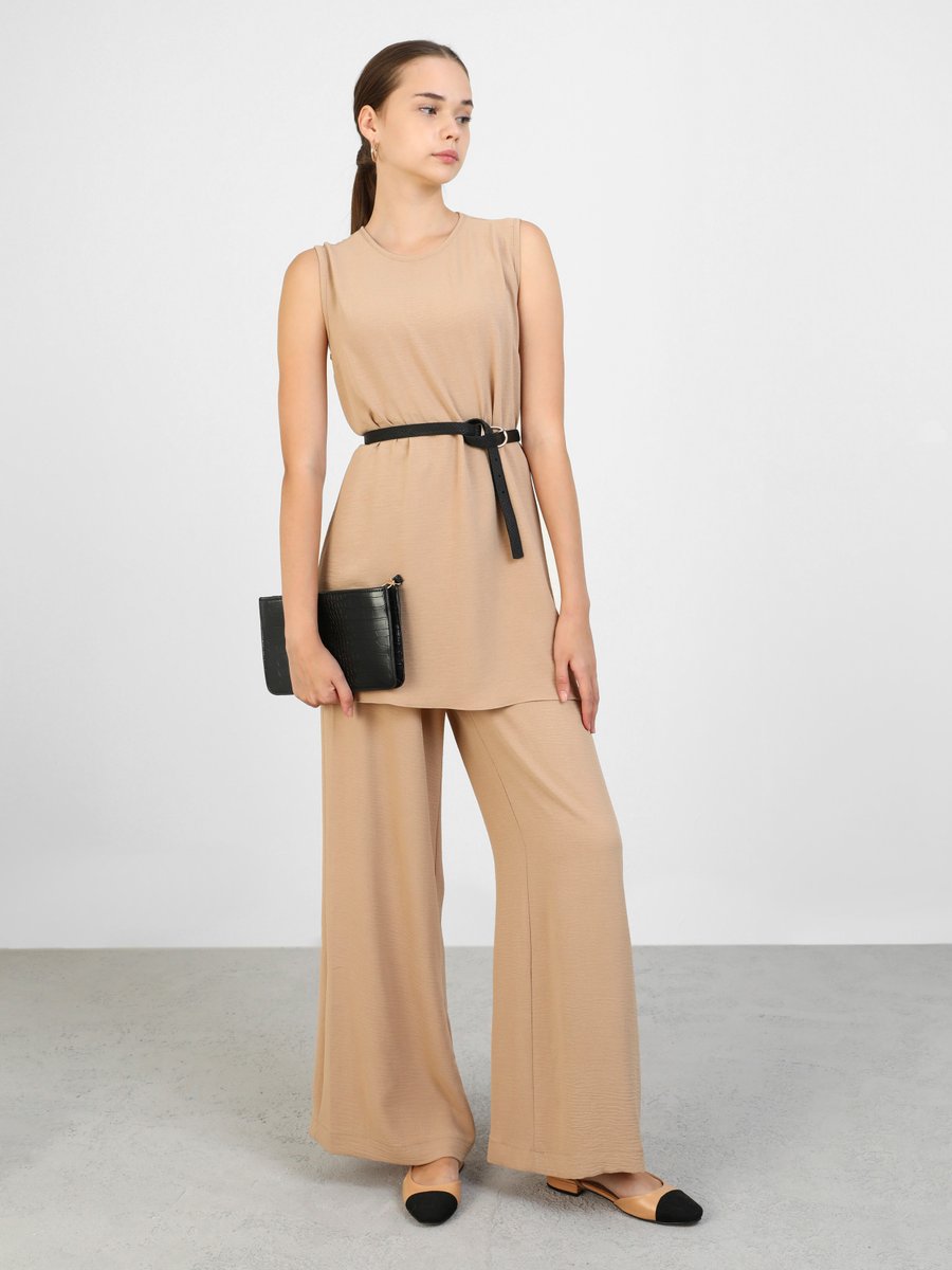 Refka Sütlü Kahve Aerobin Kolsuz Tunik & Pantolon İkili Takım