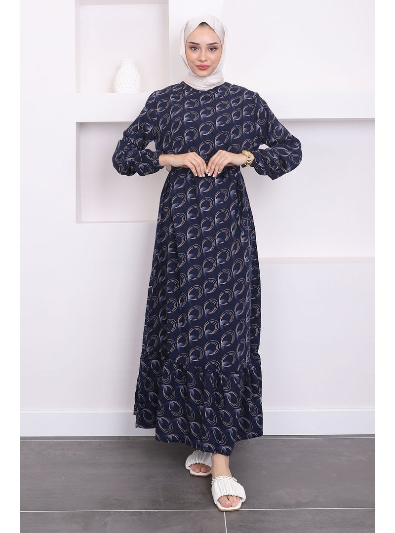 İmaj Butik Lacivert Desenli Eteği Katlı Viskon Elbise