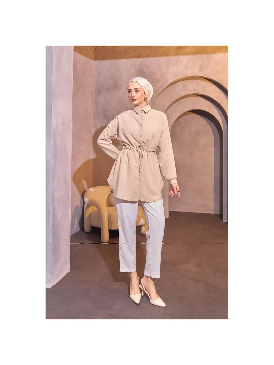 Nergis Neva Butik Bej Belden Cekmeli Keten Tunik