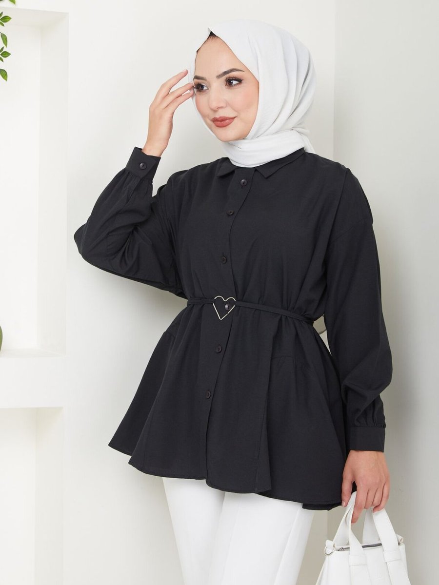 VOLT CLOTHİNG Siyah Gömlek Yaka Kalp Detaylı Tunik