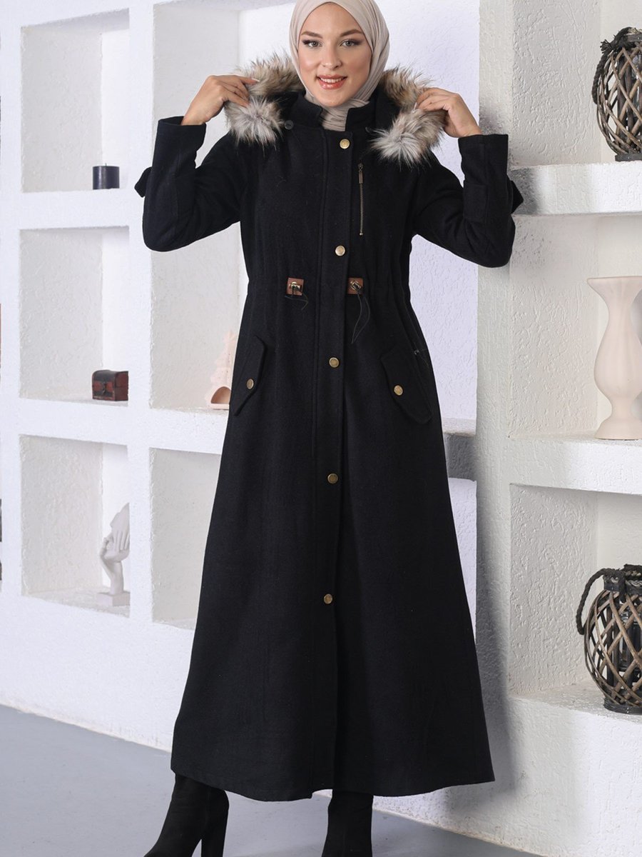 Modamihram Siyah Beli Lastikli Kaşe Kaban Modamihram Siyah Beli Lastikli Kaşe Kaban