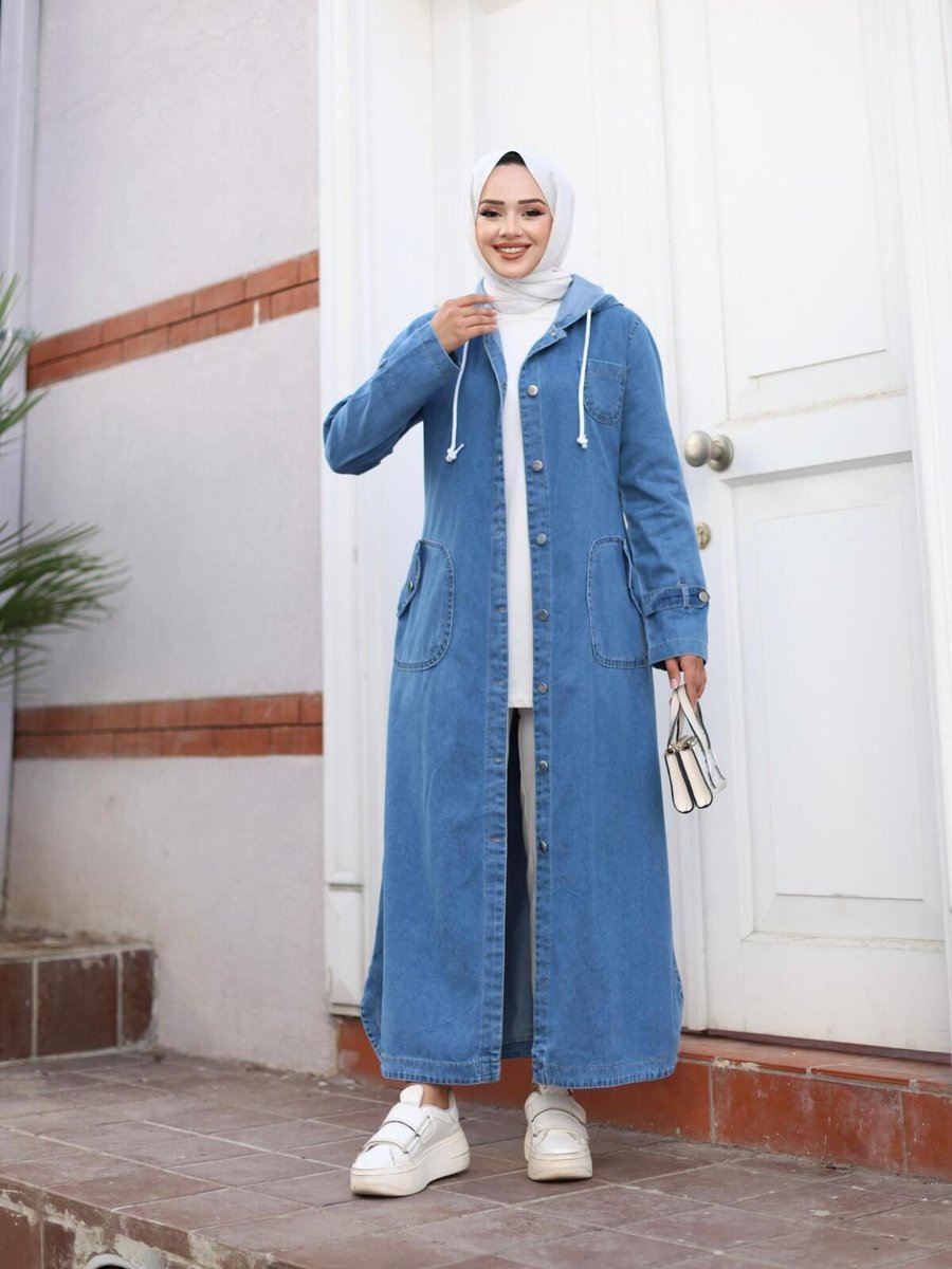 Harman Butik Kadın Cepli Düğmeli Kapüşonlu Denim Kot Trençkot