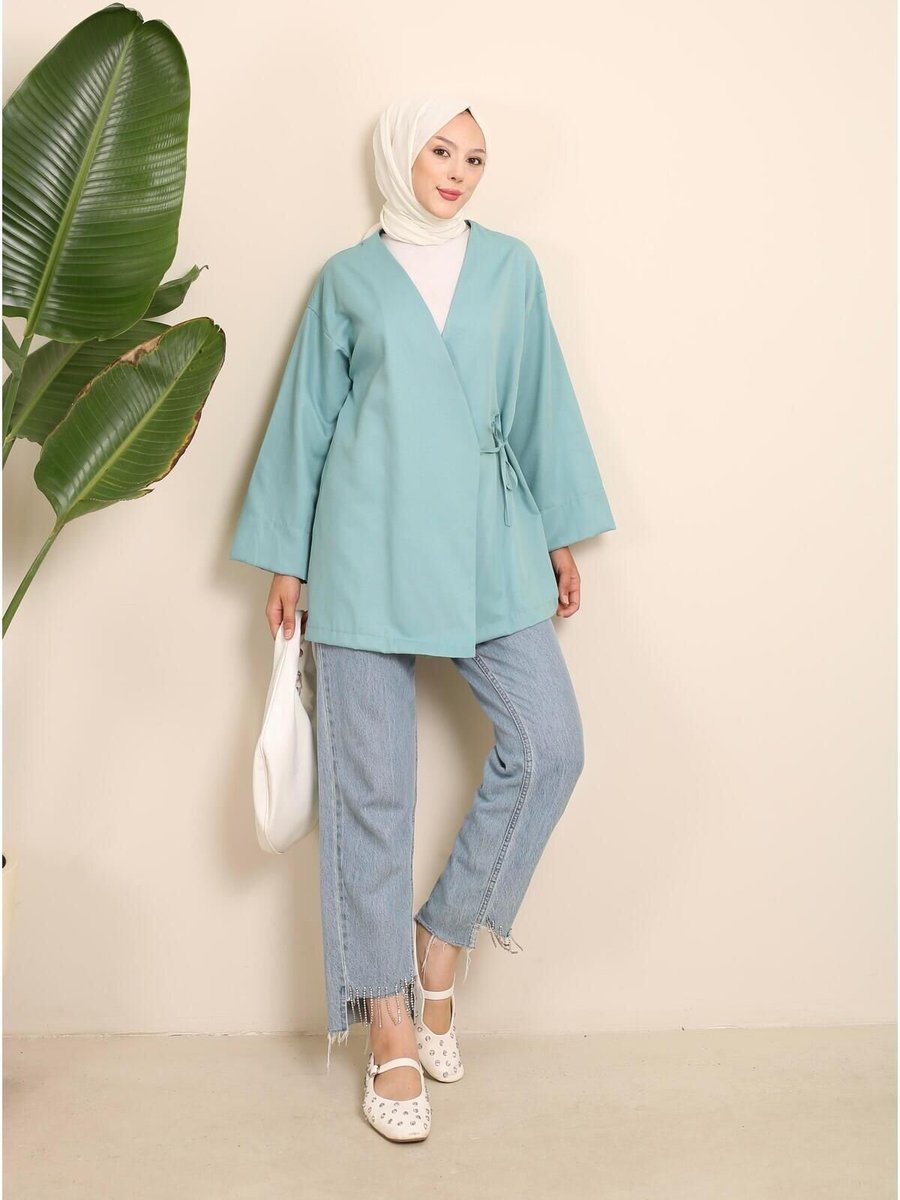 Nergis Neva Butik Yeşil Yandan Bağlamalı Kimono Tunik