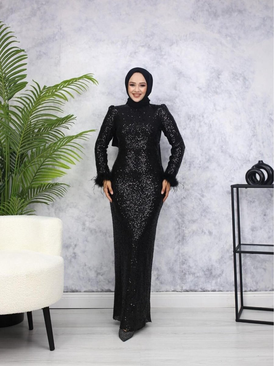 Marwella Siyah Pul Payet Abiye Elbise