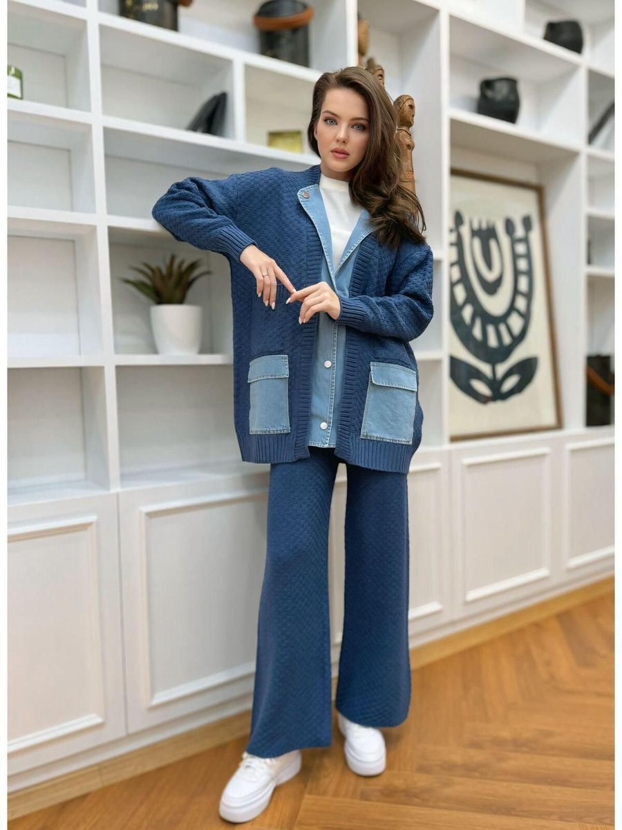 Cardella Premium Kalite Denim Kot Detaylı Ceket Pantolon İkili Tasarım Triko Takım