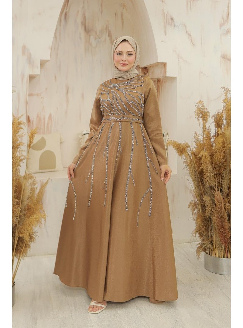 Hakimoda Kahverengi Karsu Krep Saten Abiye Elbise