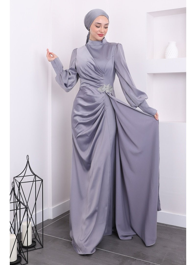 İmaj Butik Gri Taş Detaylı Saten Abiye Elbise