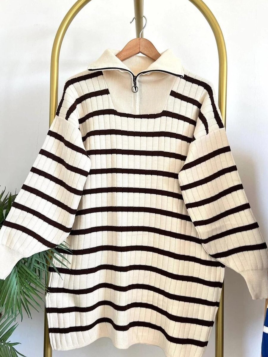 Nergis Neva Butik Beyaz Yaka Fermuarlı Çizgili Triko Tunik