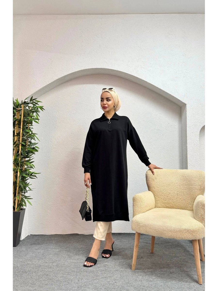 Emirfashion Rahat Kesim Polo Yaka Fermuarlı Siyah Uzun Tunik Elbise