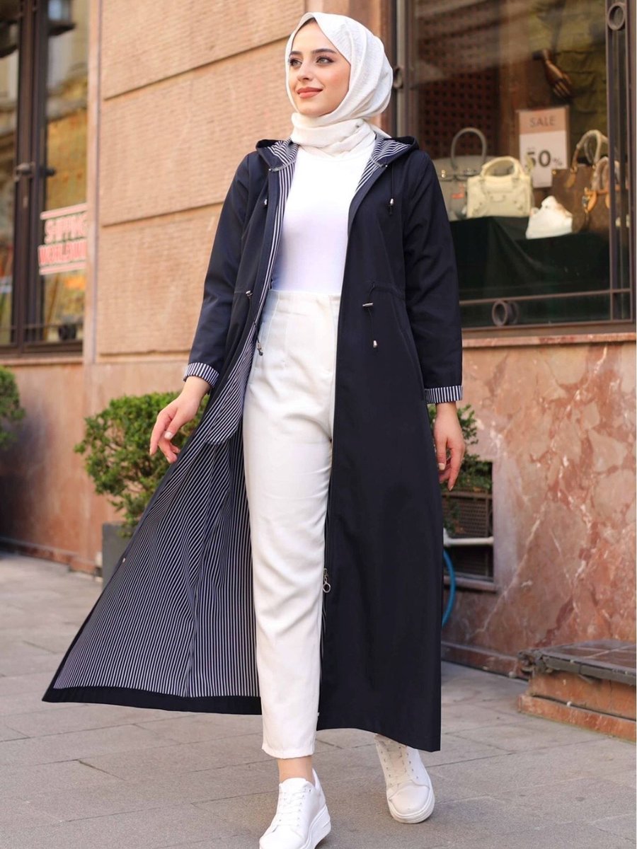 Alniss Collection Bileği Ve İçi Çizgili Kapüşonlu Tam Boy Uzun Trençkot