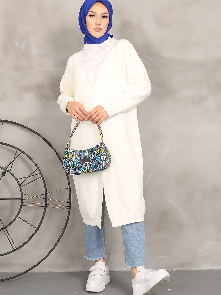 İmajbutik Krem Düğmeli Uzun Triko Hırka