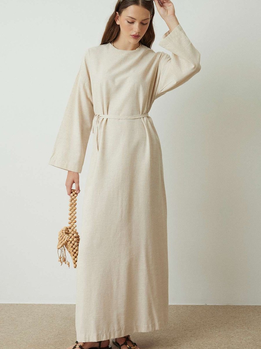 Hooopstore Basic Keten Naturel Elbise