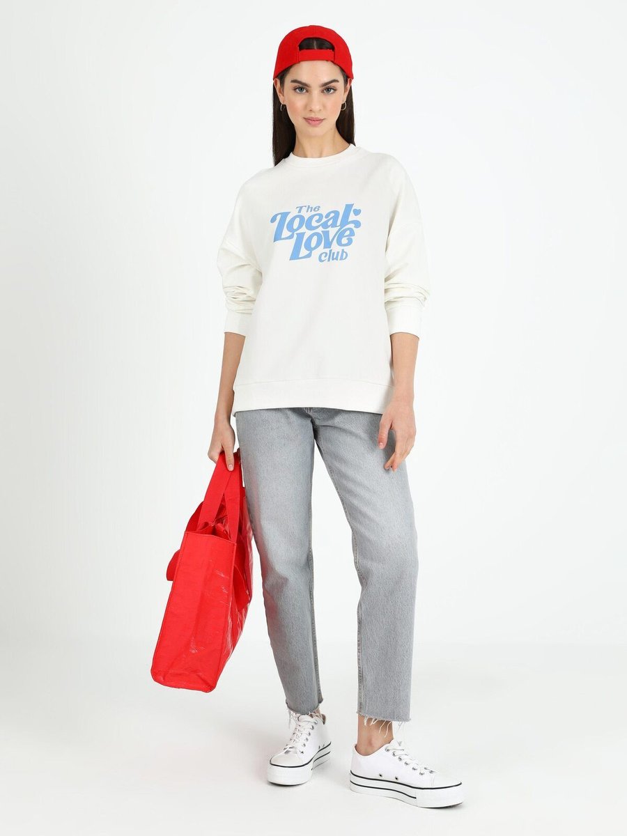 Benin Baskılı Pamuklu Sweatshirt Kırık Beyaz