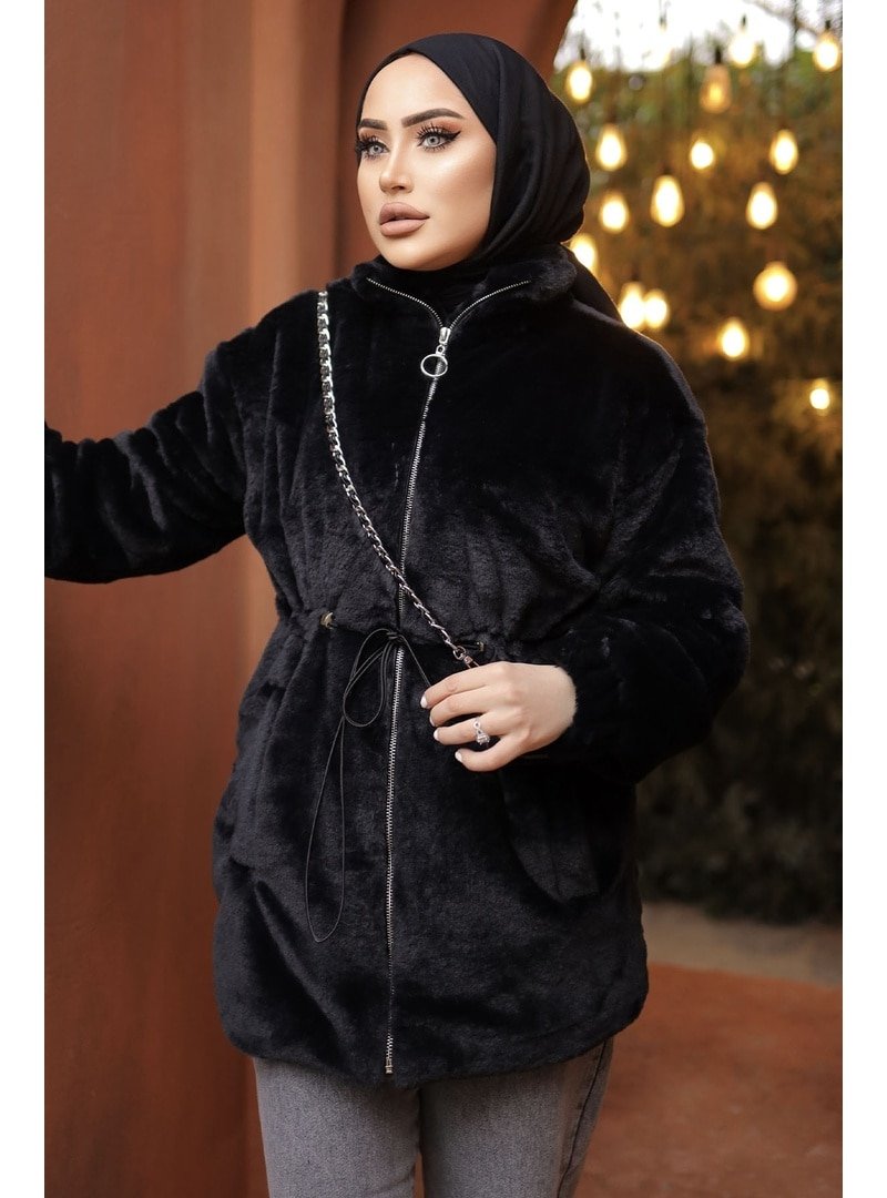 InStyle Siyah Tünel Bağcıklı İçi Astarlı Peluş Mont