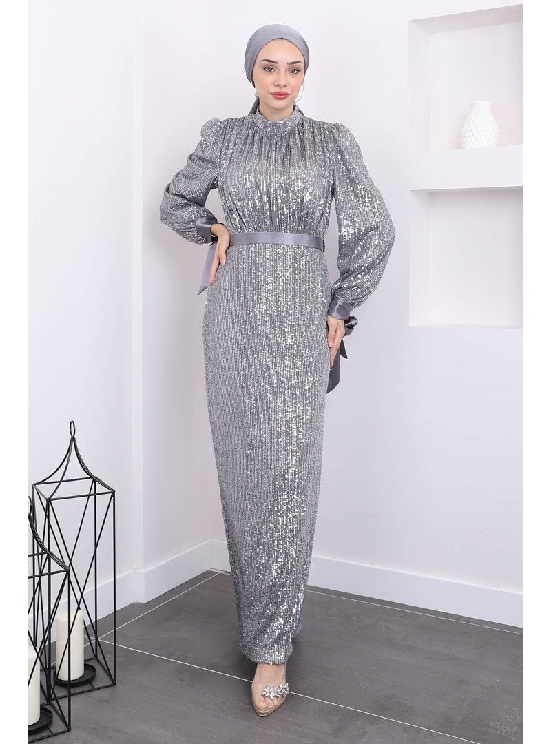 İmaj Butik Füme Kol Bağlamalı Pul Payetli Abiye Elbise