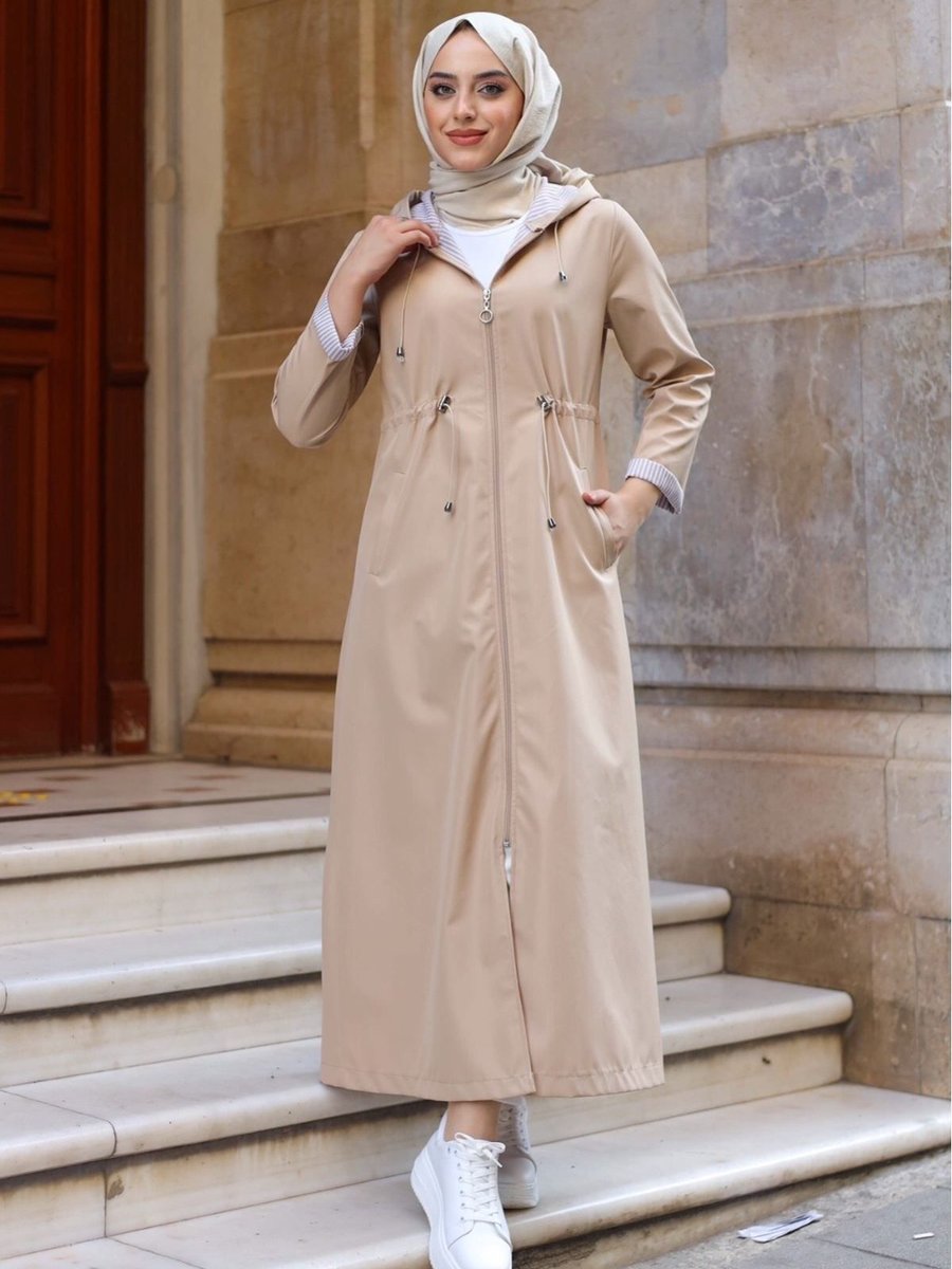 Alniss Collection Bileği Ve İçi Çizgili Kapüşonlu Tam Boy Uzun Trençkot