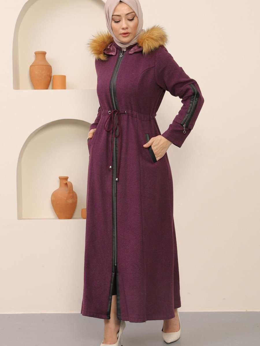 Modamihram Mürdüm Fermuarlı Deri Detaylı Kaşe Kaban Modamihram Mürdüm Fermuarlı Deri Detaylı Kaşe Kaban