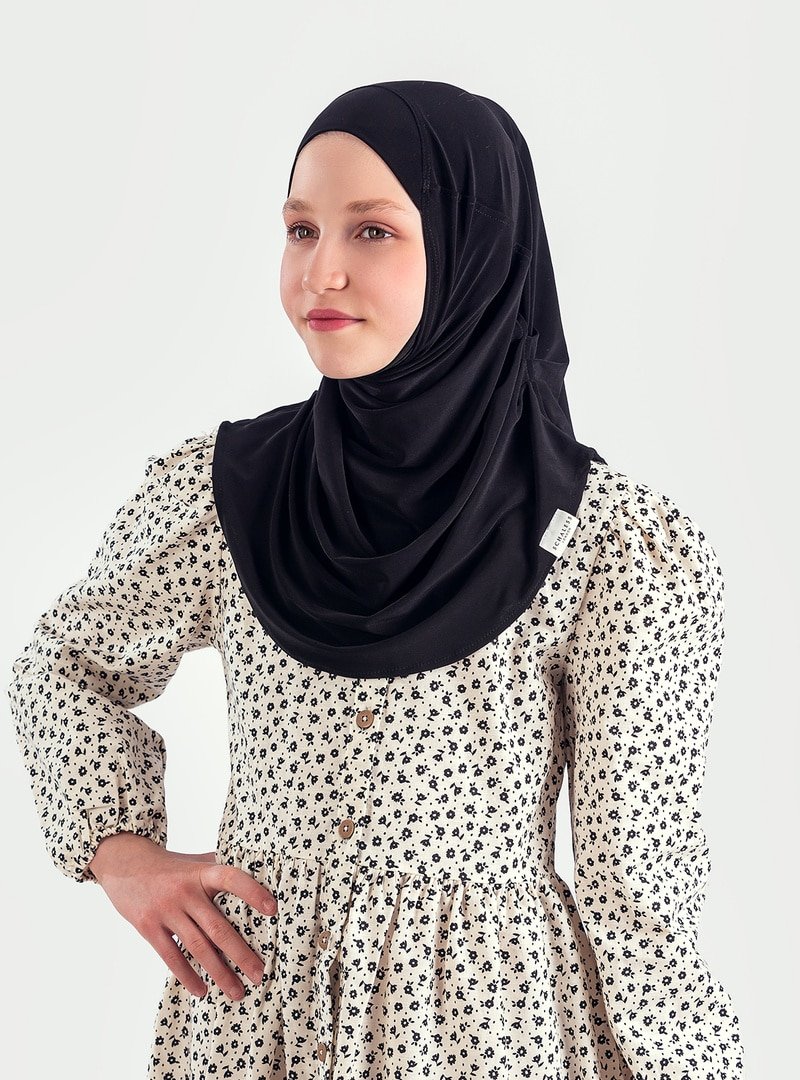 ŞALESS Yaş) Pratik Pileli Kız Çocuk Hazır Eşarp Hijab Siyah (6