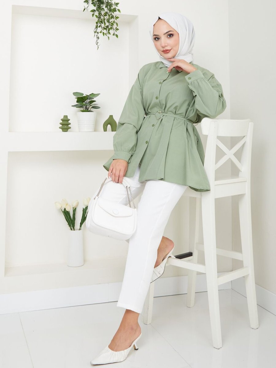 VOLT CLOTHİNG Haki Gömlek Yaka Kalp Detaylı Tunik