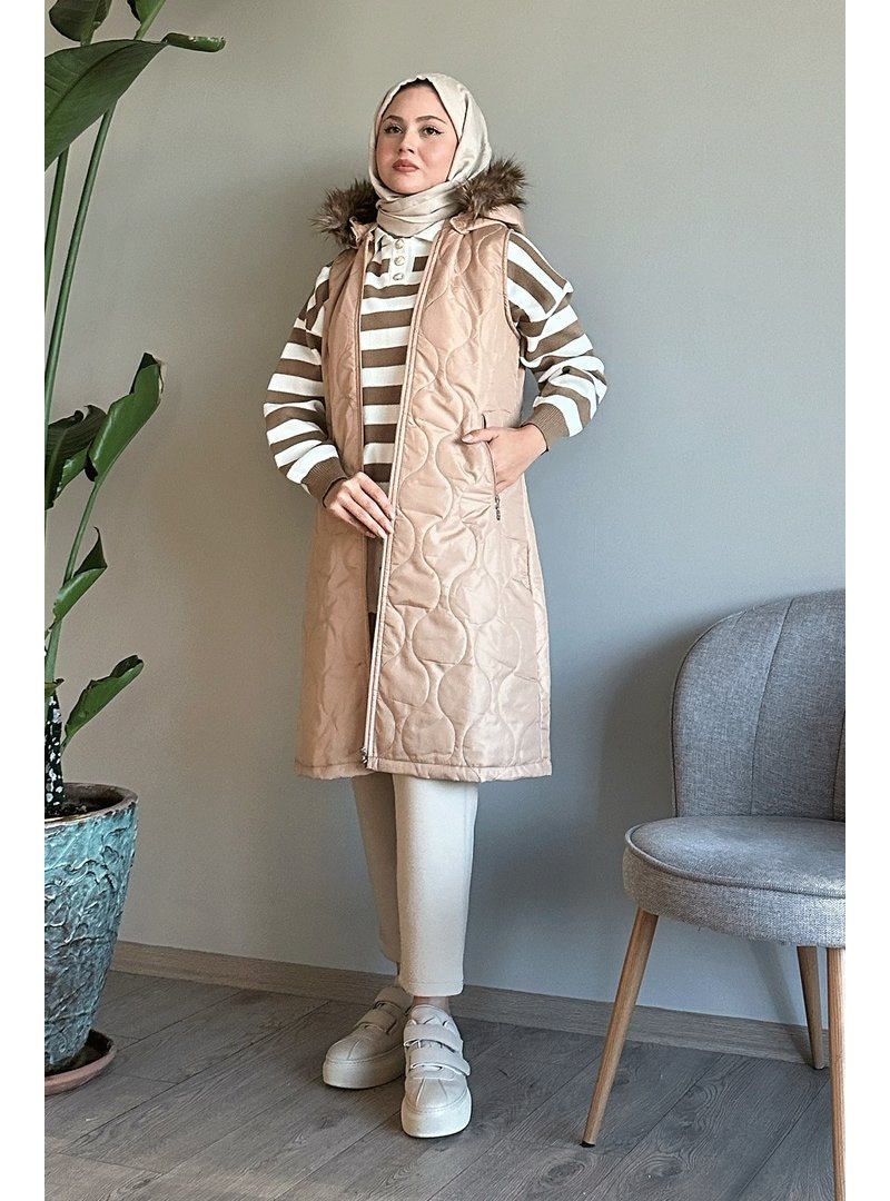 InStyle Parke Desen Kapitone Bej Yelek
