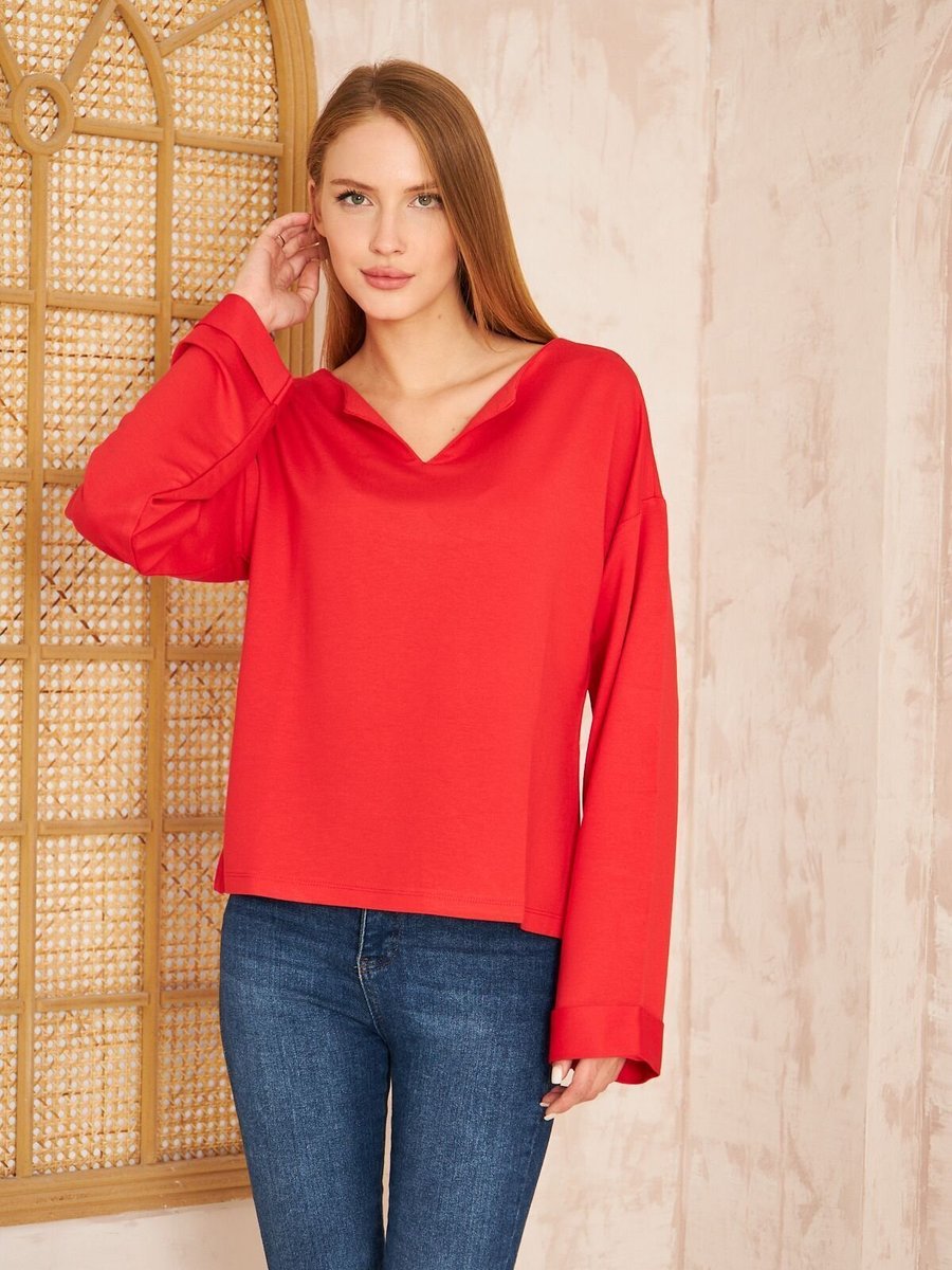Pasaklı Giyim Kırmızı Ekstra Uzun Duble Kol / Yakası Yırtmaçlı Salaş Bluz Sweatshirt