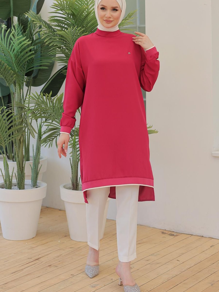 Armine Trend Armine Trend Kolları Ribanalı Arkadan Uzatmalı Basic Tunik Fuşya