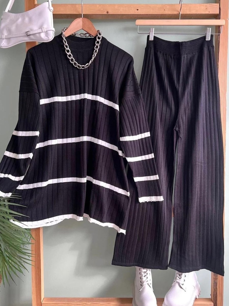 Nergis Neva Butik Siyah Çizgili Triko Takım