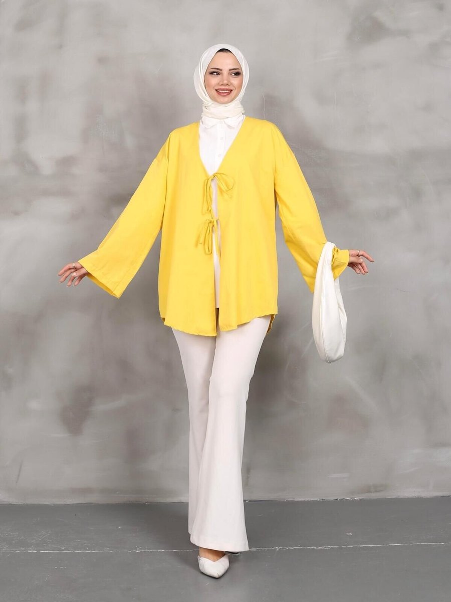 Nergis Neva Butik Hardal Önü Bağlamalı Kimono Tunik