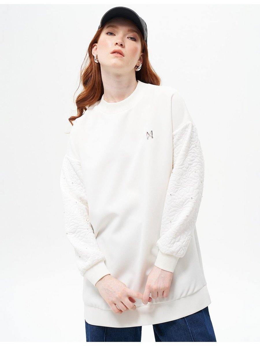 Kyr Sıfır Yaka Kolu Taşlı Sweatshirt Optik Beyaz