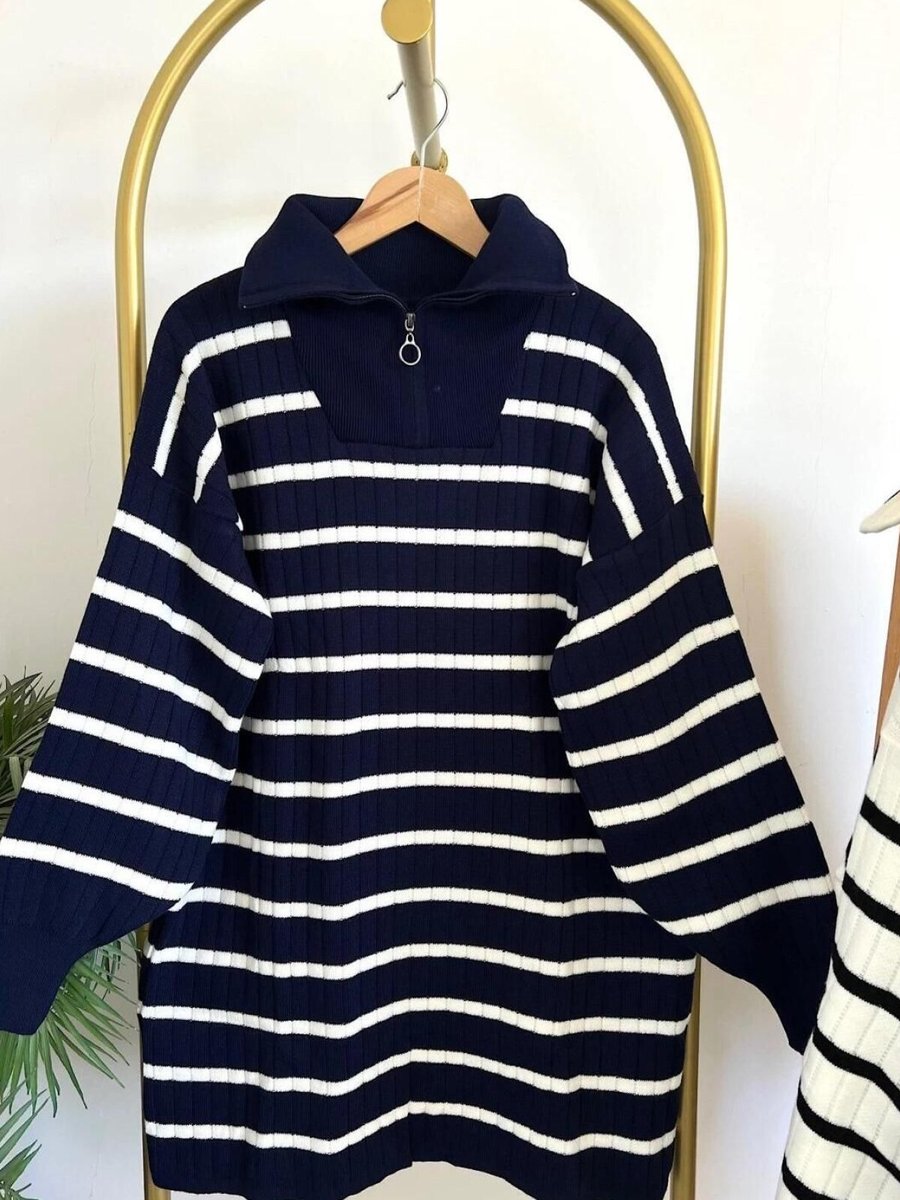 Nergis Neva Butik Lacivert Yaka Fermuarlı Çizgili Triko Tunik