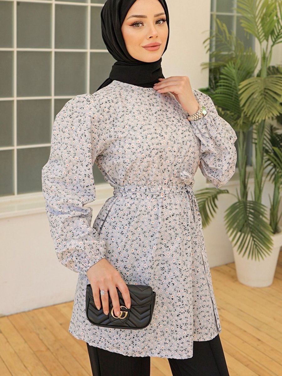 Bestenur Çıtır Çiçek Desen Tunik Gri