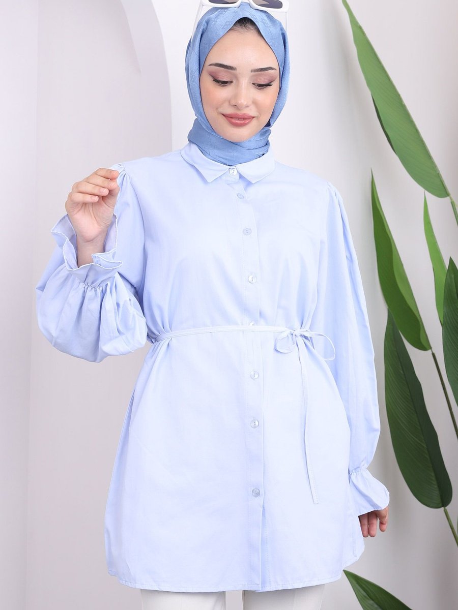 İmajbutik Bebe Mavi Kol Lastikli Bel İpli Gömlek